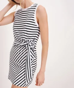 Classic Jersey Stripe Sleevless Twist Dress - White-Black