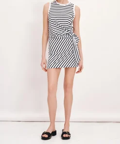 Classic Jersey Stripe Sleevless Twist Dress - White-Black