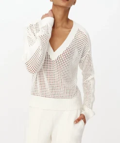 Cotton Cashmere Mesh Stitch V-Neck Sweater - Chalk