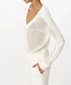 Cotton Cashmere Mesh Stitch V-Neck Sweater - Chalk