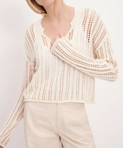 Cotton Linen Blend Open Knit V-Neck Sweater - Faded Hazelwood Marl