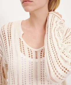 Cotton Linen Blend Open Knit V-Neck Sweater - Faded Hazelwood Marl