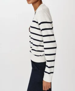 Cotton Silk Blend Striped Split Collar Sweater - White-Midnight