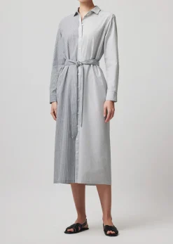 Mixed Stripe Shirting Belted Shirt Dress - Chalk-Ink