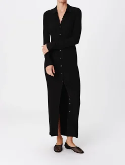 Modal Rib Long Sleeve Maxi Shirt Dress - Black