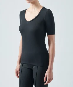 Modal Rib Short Sleeve V-Neck Tee - Black