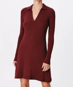 Modal Rib Split Neck Dress - Merlot