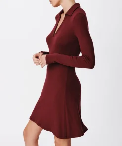 Modal Rib Split Neck Dress - Merlot