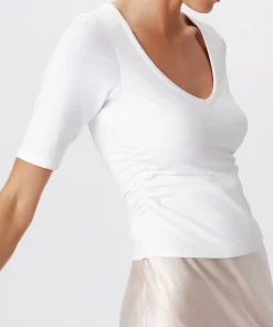 Pima Cotton Elbow Sleeve V-Neck Tee - White