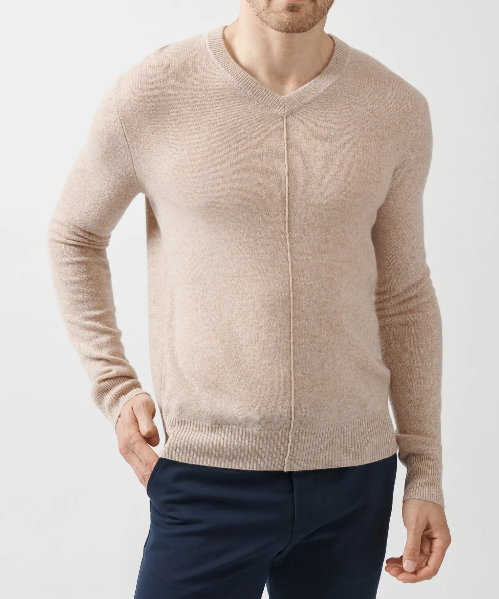 Recycled Cashmere Exposed Seam V-Neck Sweater - Caramel