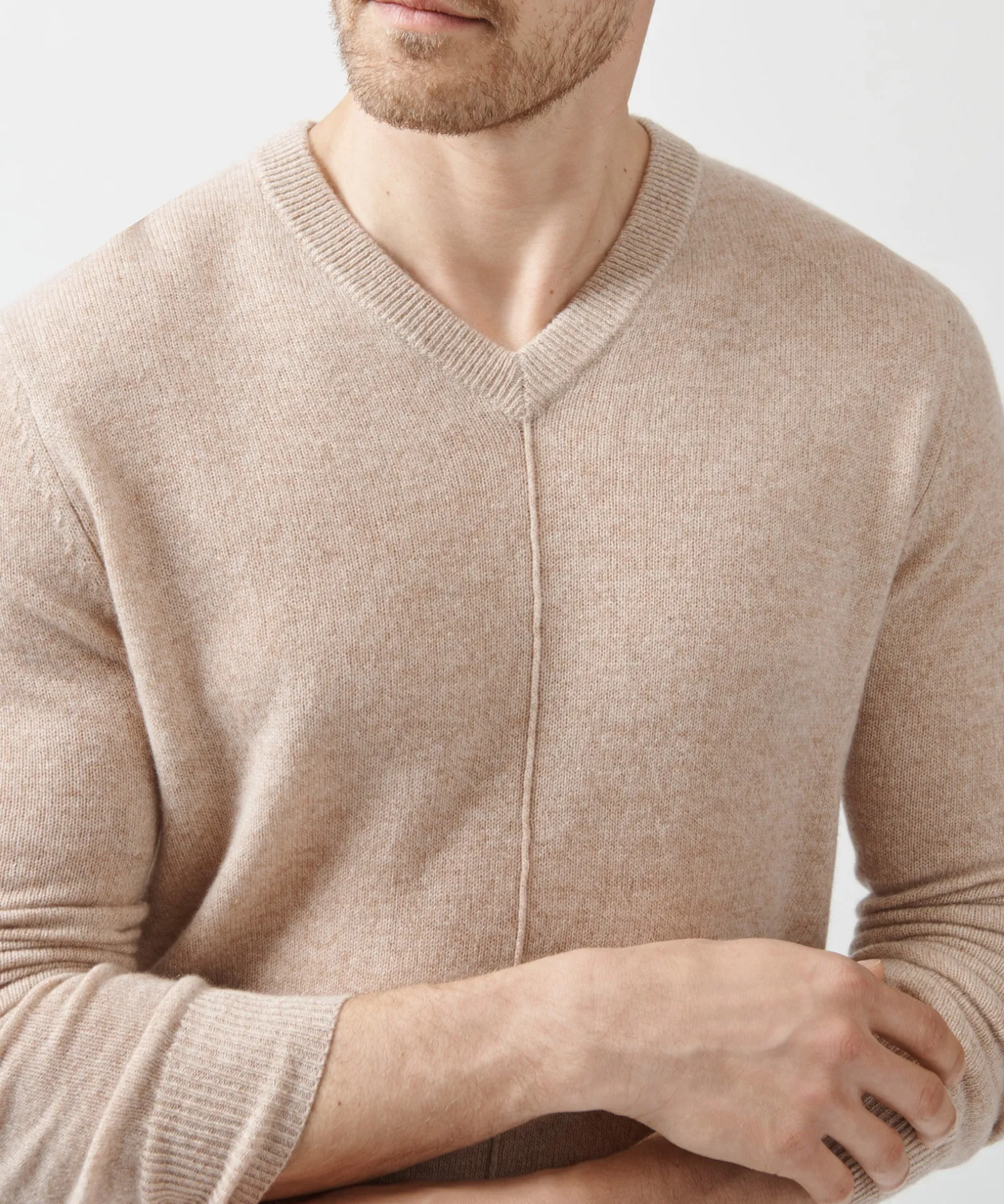 Recycled Cashmere Exposed Seam V-Neck Sweater - Caramel