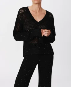 Sequin Wool Blend Net Stitch Sweater - Black