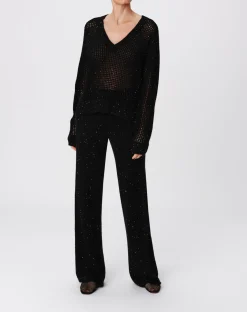 Sequin Wool Blend Wide Leg Pant - Black