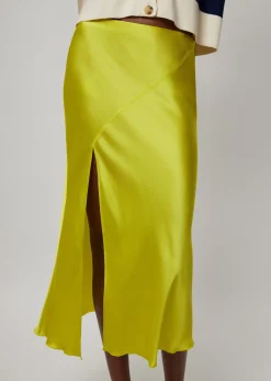 Silk Charmeuse Slit Detail Midi Skirt - Chartreuse Yellow