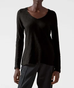 Slub Jersey Long Sleeve V-Neck Tee - Black