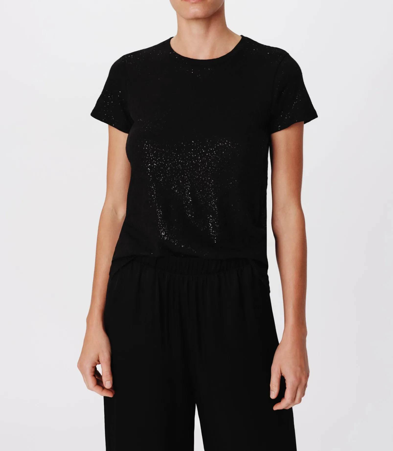 Slub Jersey With Foil Schoolboy Short Sleeve Crew Neck Tee - Black-Black