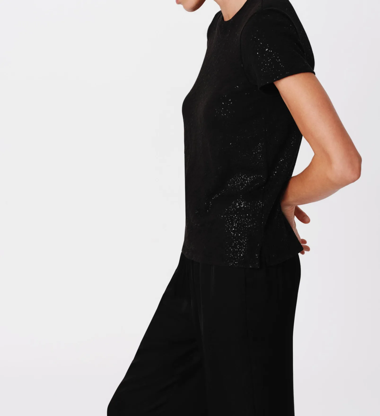 Slub Jersey With Foil Schoolboy Short Sleeve Crew Neck Tee - Black-Black